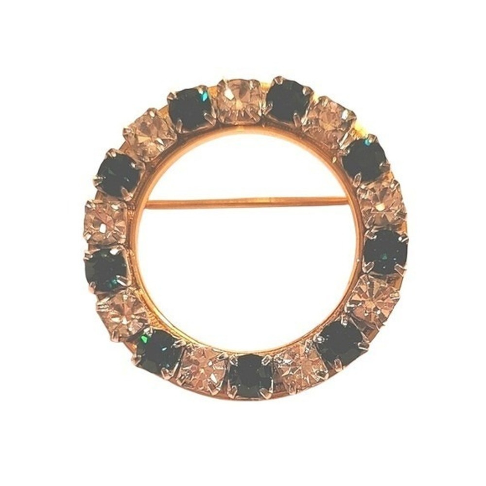 Vintage Gold Tone Emerald Green Clear Rhinestone Circle Wreath Brooch Pin